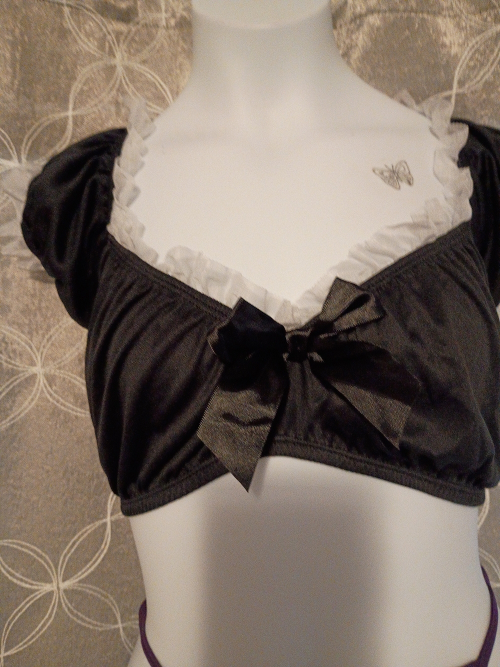 Dreamgirl Black Crop Bralette with White Ruffle and Bow